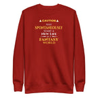 Red sweatshirt with yellow witty otaku anime text on a white background