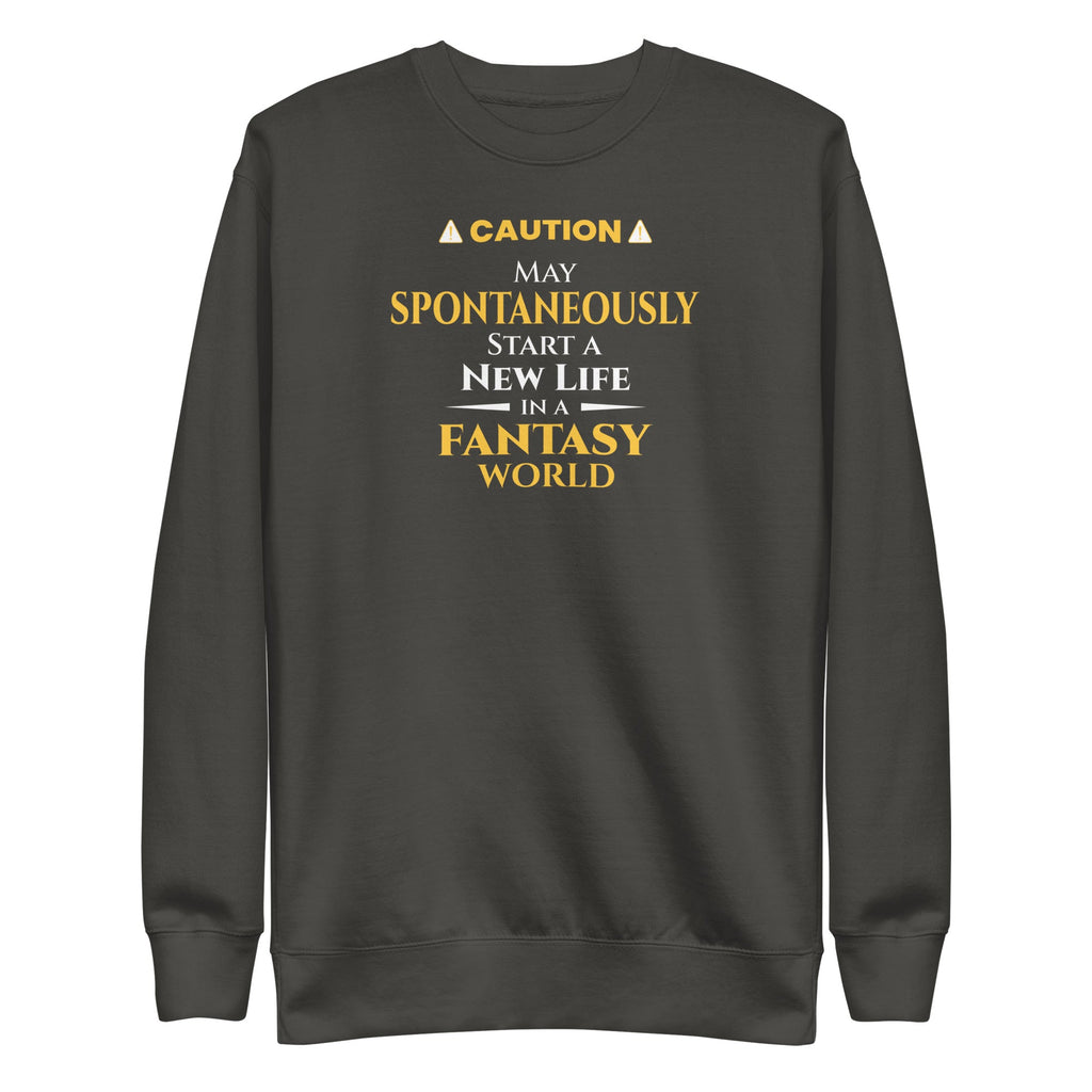 Dark gray sweatshirt with yellow witty otaku anime text on a white background