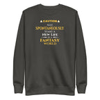 Dark gray sweatshirt with yellow witty otaku anime text on a white background