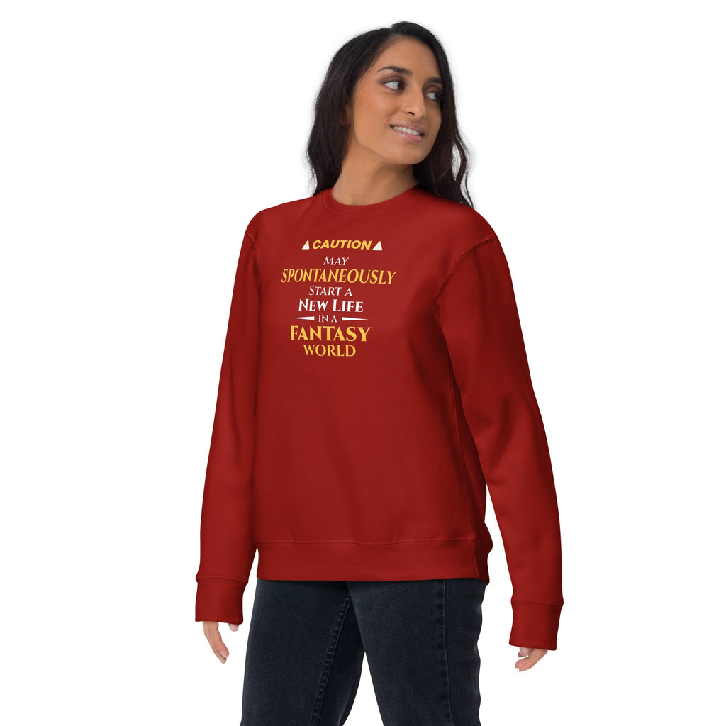 Person wearing a red sweatshirt with yellow witty otaku anime text on a white background