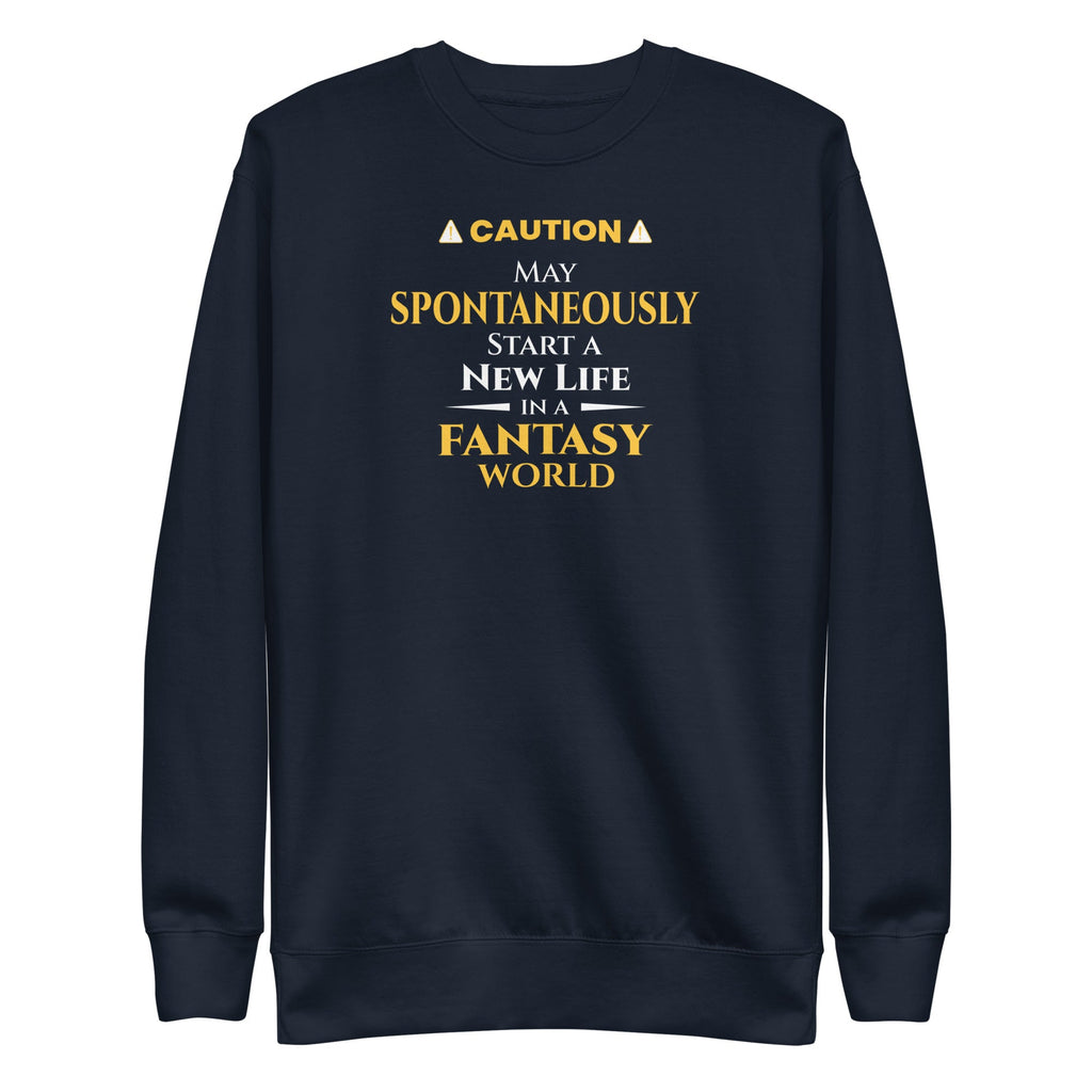 Navy blue sweatshirt with yellow witty otaku anime text on a white background