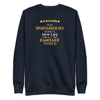 Navy blue sweatshirt with yellow witty otaku anime text on a white background