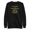 Black sweatshirt with yellow witty otaku anime text on a white background
