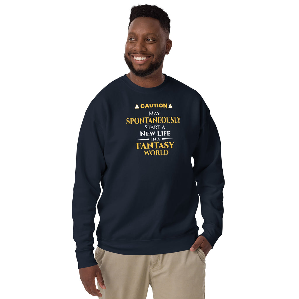 Person wearing a navy sweatshirt with humorous, witty otaku anime text design on a white background