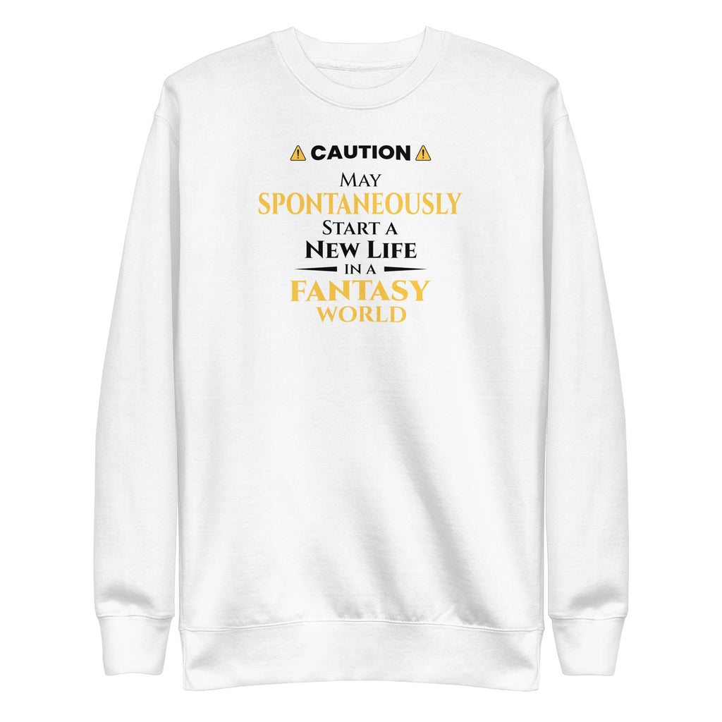 White sweatshirt with yellow witty otaku anime text on a white background