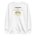 White sweatshirt with yellow witty otaku anime text on a white background