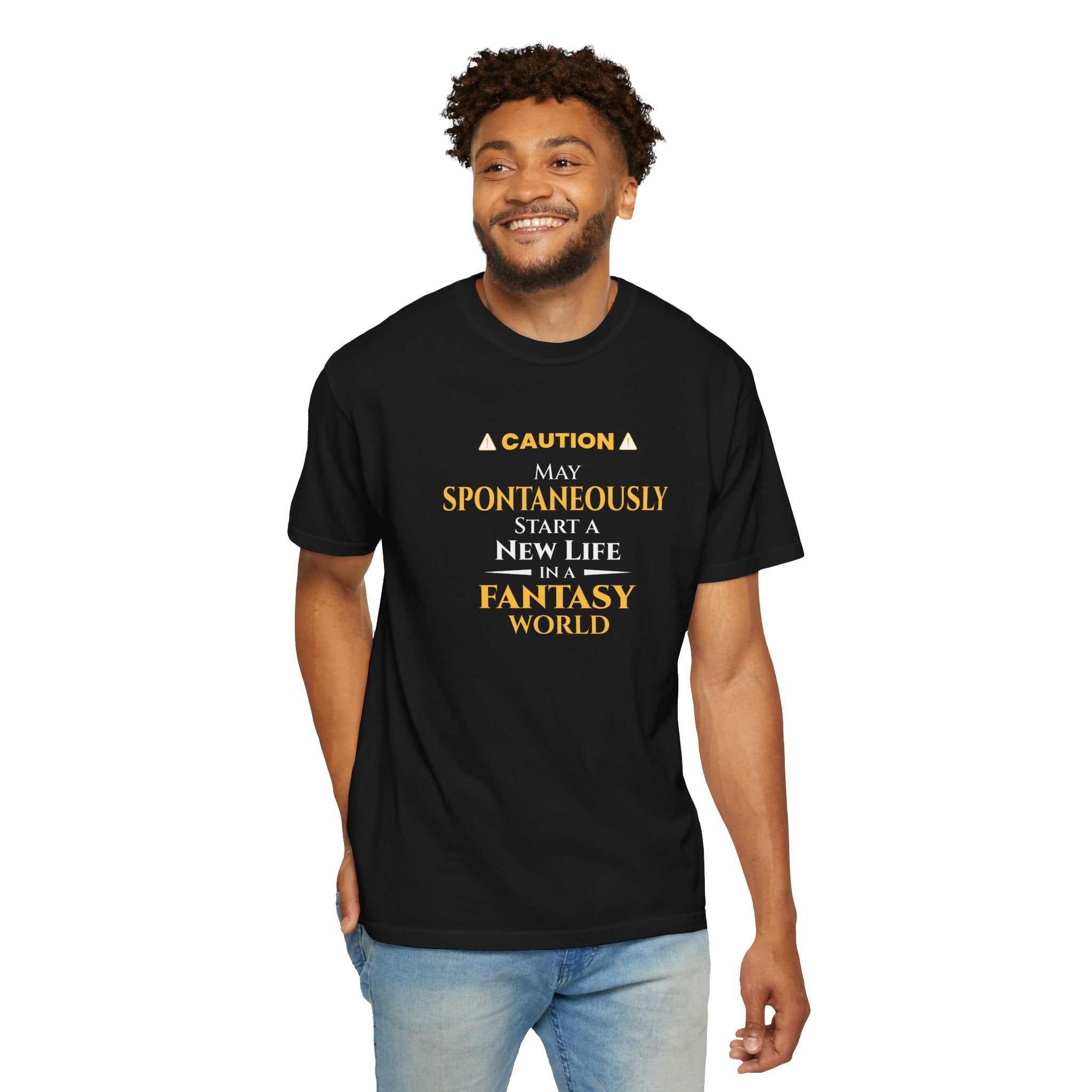 Man wearing a black t-shirt with yellow otaku anime text on a white background