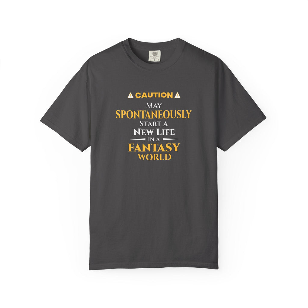 Gray t-shirt with yellow witty otaku anime text on a white background