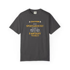 Gray t-shirt with yellow witty otaku anime text on a white background