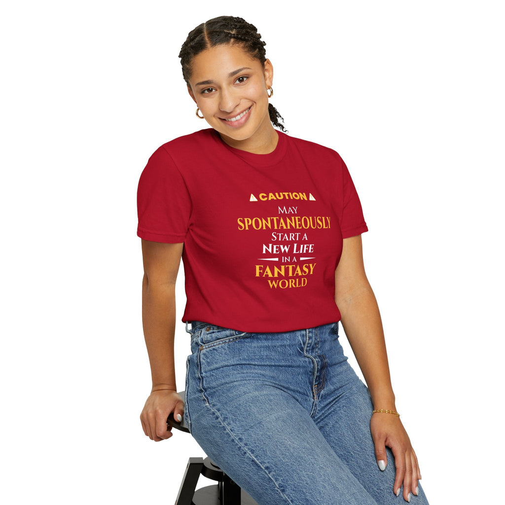 Person wearing a red t-shirt with otaku anime text, sitting on a stool against a white background