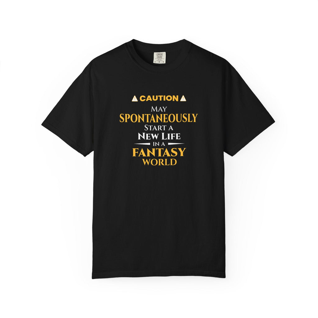 Black t-shirt with yellow witty otaku anime text on a white background