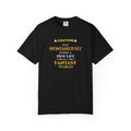 Black t-shirt with yellow witty otaku anime text on a white background