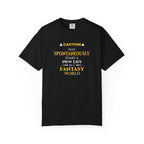 Black t-shirt with yellow witty otaku anime text on a white background