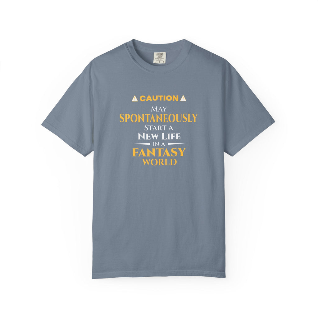 Blue jean t-shirt with yellow witty otaku anime text on a white background