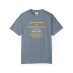 Blue jean t-shirt with yellow witty otaku anime text on a white background