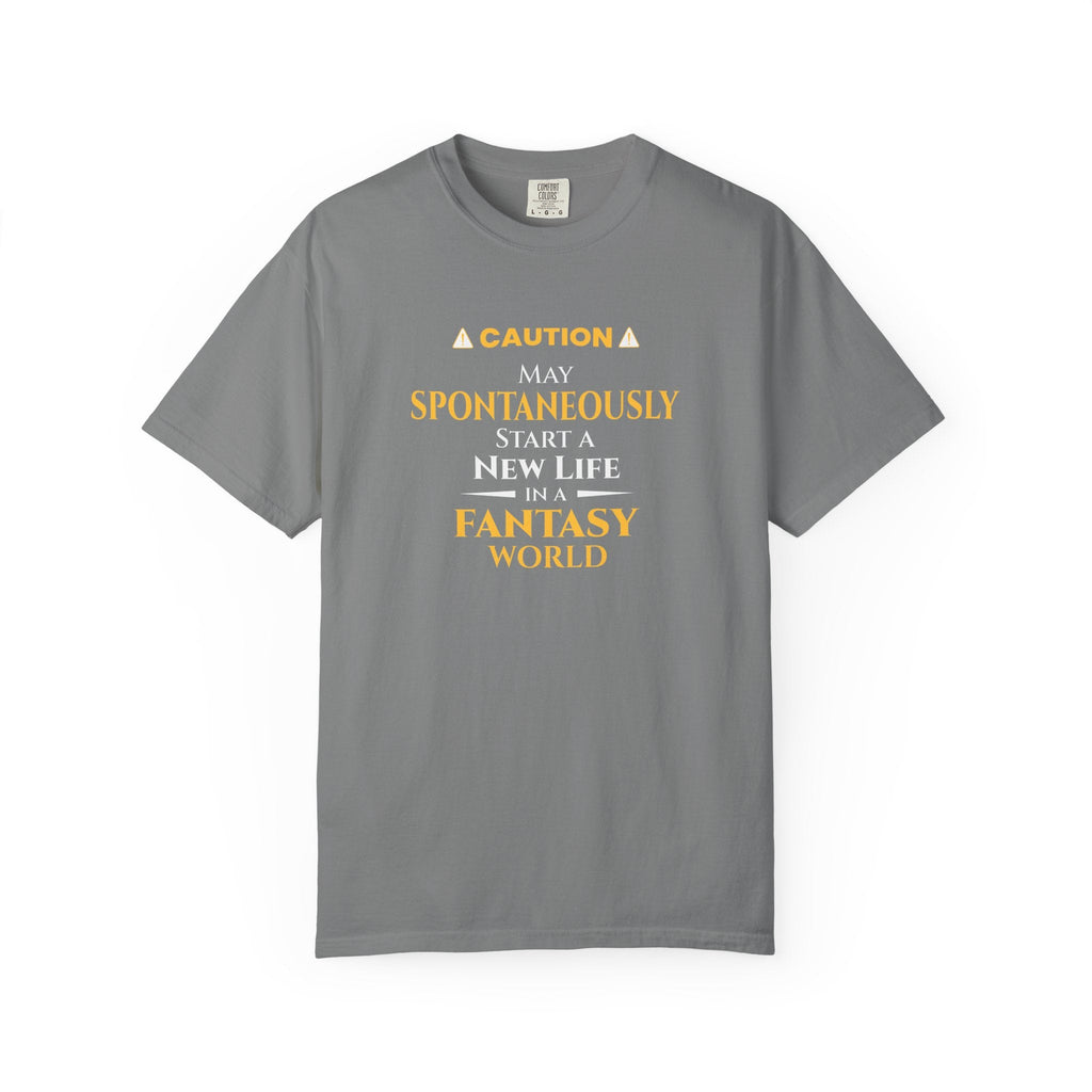 Gray t-shirt with humorous, witty otaku anime text design on a white background
