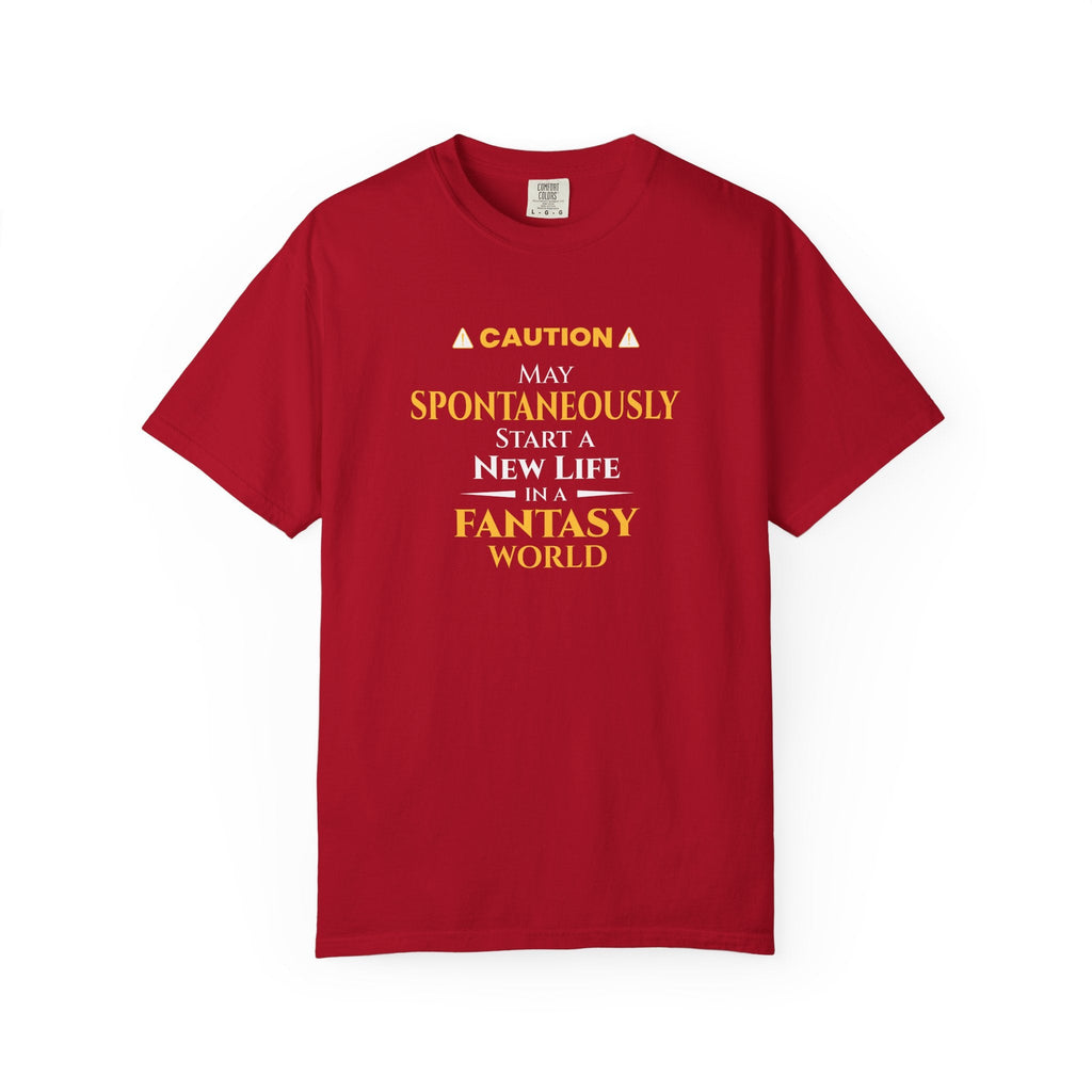 Red t-shirt with yellow witty otaku anime text on a white background