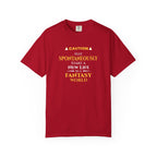 Red t-shirt with yellow witty otaku anime text on a white background