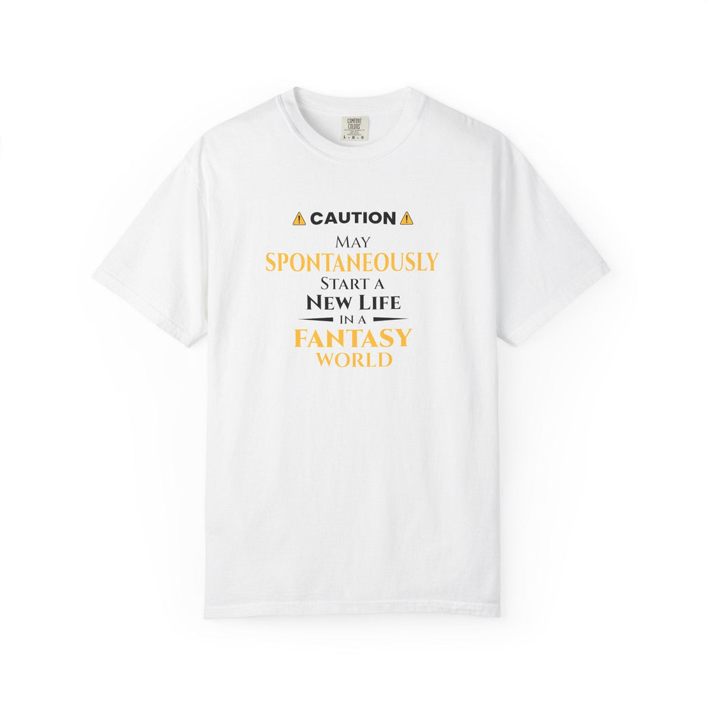 White t-shirt with yellow witty otaku anime text on a white background