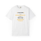 White t-shirt with yellow witty otaku anime text on a white background