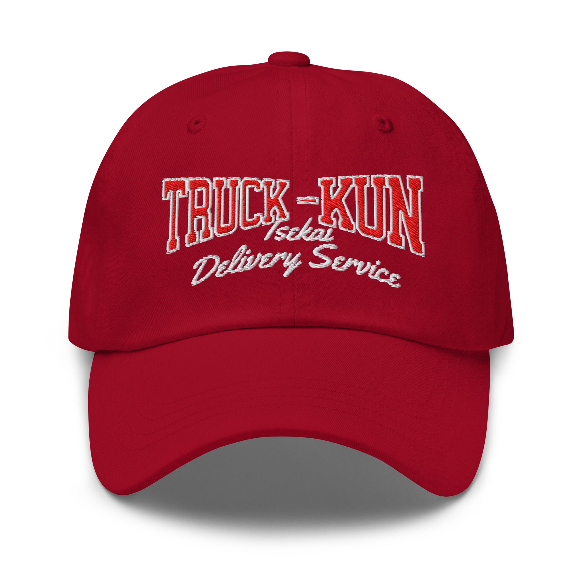 Red cap with 'TRUCK-KUN Isekai Delivery Service' text on a white background