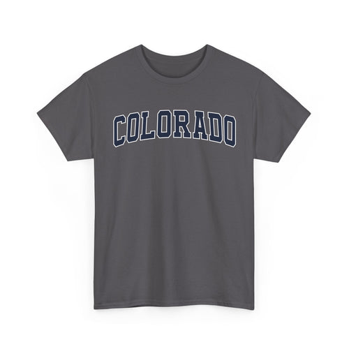 Charcoal t-shirt with 'COLORADO' typography design in varsity style on a white background