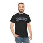 Man wearing a black t-shirt with 'Connecticut' text on a white background