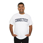 Man wearing a white t-shirt with 'Connecticut' text on a white background