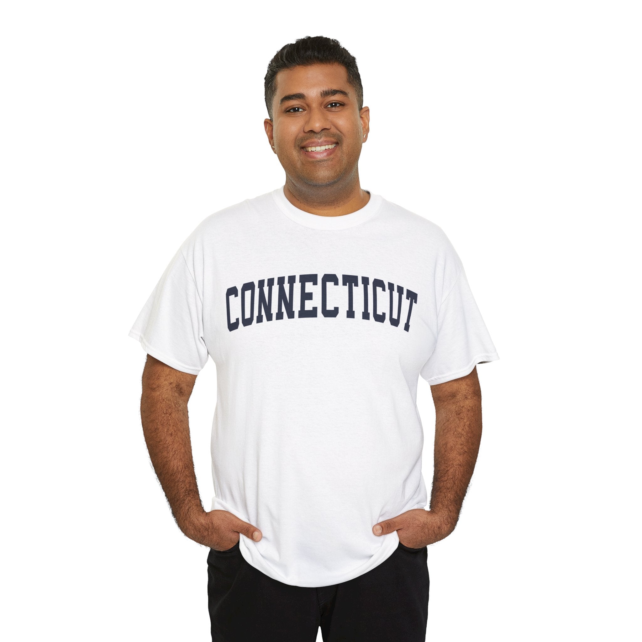 Man wearing a white t-shirt with 'Connecticut' text on a white background
