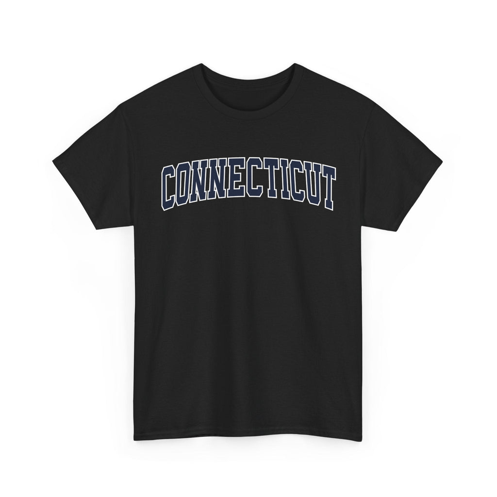 Black t-shirt with 'Connecticut' text on a white background