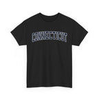 Black t-shirt with 'Connecticut' text on a white background