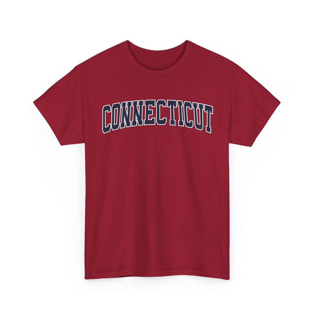 Red t-shirt with 'Connecticut' text on a white background