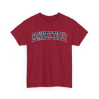 Red t-shirt with 'Connecticut' text on a white background