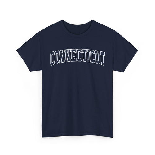 Navy blue t-shirt with 'Connecticut' printed on a white background