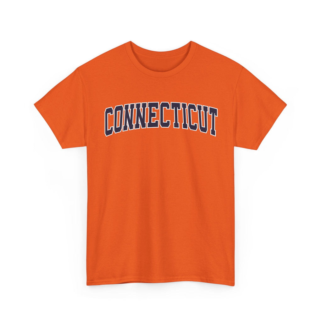 Orange t-shirt with 'Connecticut' text on a white background