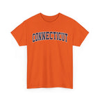 Orange t-shirt with 'Connecticut' text on a white background