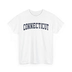 White t-shirt with 'Connecticut' text on a white background