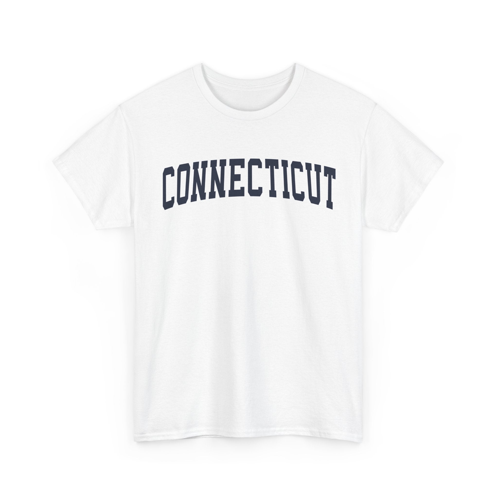 White t-shirt with 'Connecticut' text on a white background