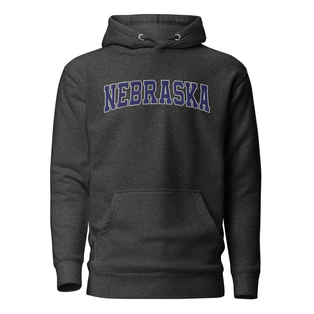 Nebraska Vintage Varsity Embroidered Unisex Premium Hoodie - Charcoal Heather / S