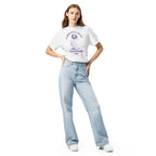 Woman wearing a white t-shirt with a currently in my training arc anime graphic design and text on a white background