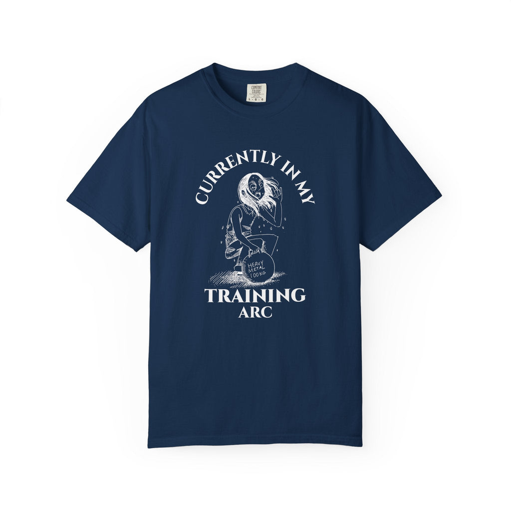 Navy blue t-shirt with with a currently in my training arc anime graphic design and text on a white background