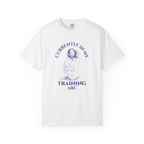 White with a currently in my training arc anime graphic design and text on a white background