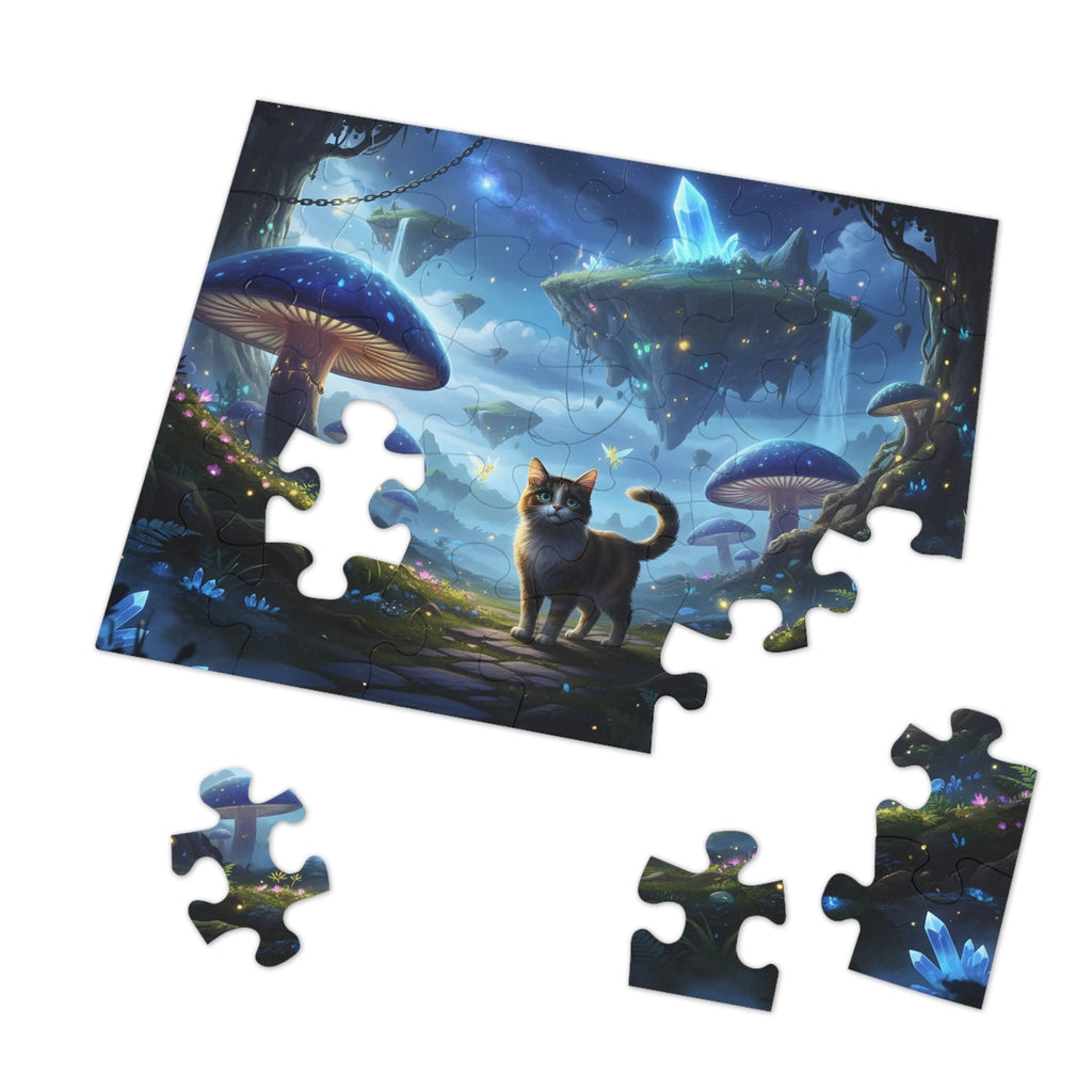 Jigsaw puzzle with a cat and mushroom design on a white background