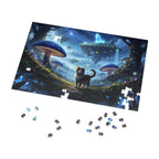 Futuristic mushroom landscape puzzle with a cat and scattered pieces on a white background