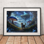 Framed artwork of a cat in a fantasy forest with mushrooms and floating islands.