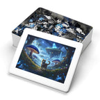 Futuristic puzzle with a cat and mushroom design on a digital screen, surrounded by scattered puzzle pieces.