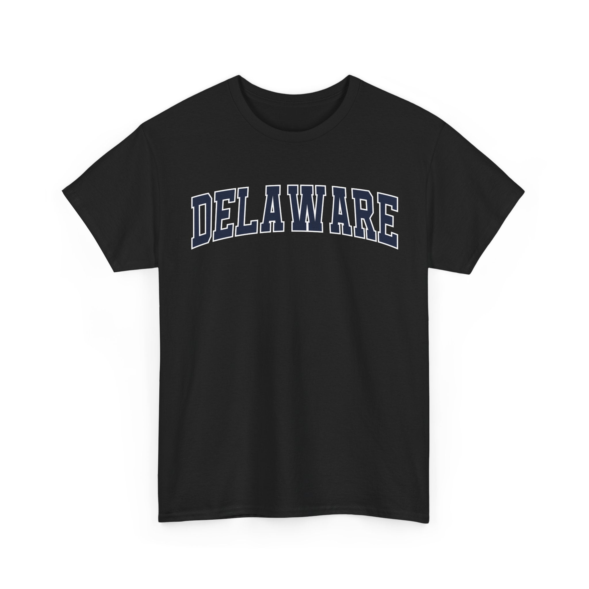 Black t-shirt with 'DELAWARE' text on a white background