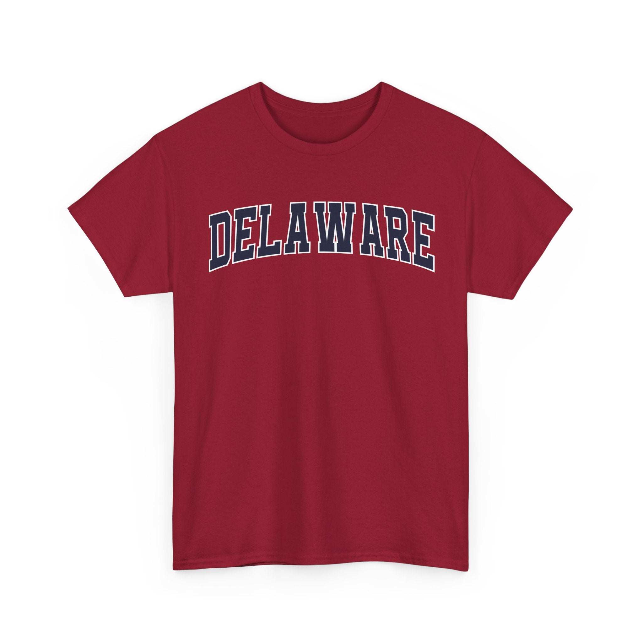 Red t-shirt with 'DELAWARE' text on a white background