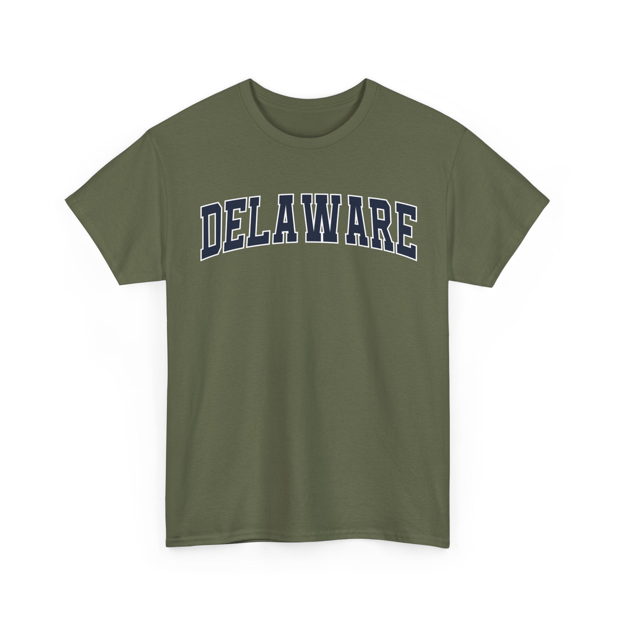 Green t-shirt with 'DELAWARE' text on a white background