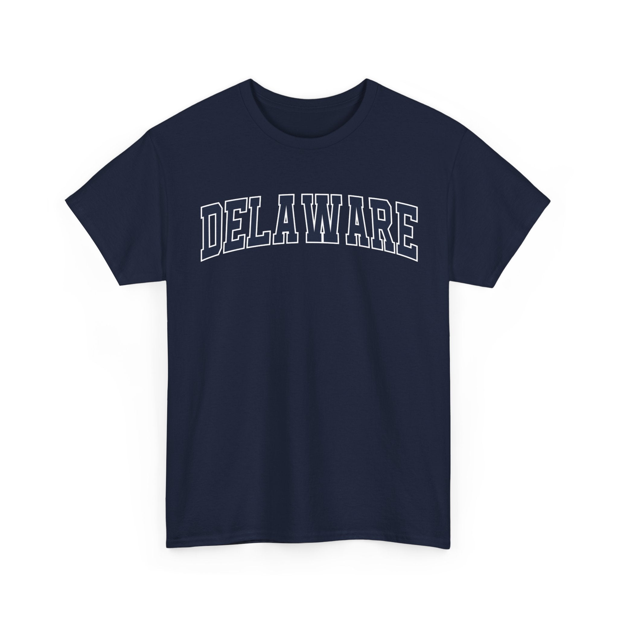 Navy blue t-shirt with 'DELAWARE' text on a white background